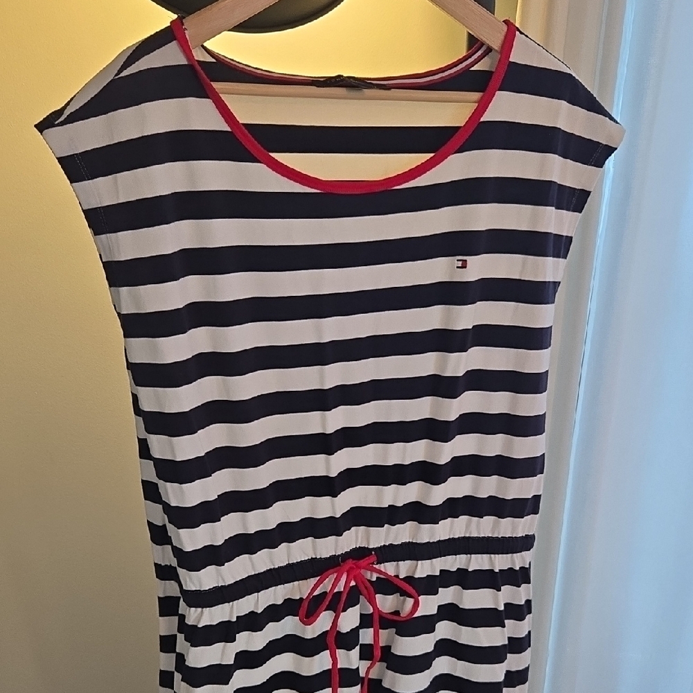 Tommy Hilfiger Navy and White Striped Dress with Red Trim. 95% Cotton!